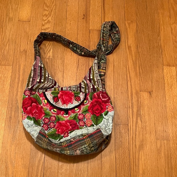 Handbags - Floral Embroidered Quilted Shoulder Bag - Red Multi